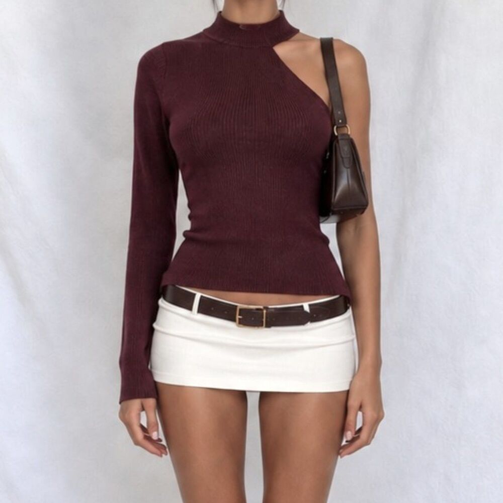 Mango Plum Purple One Shoulder Fitted Knit Sweater Top Size S